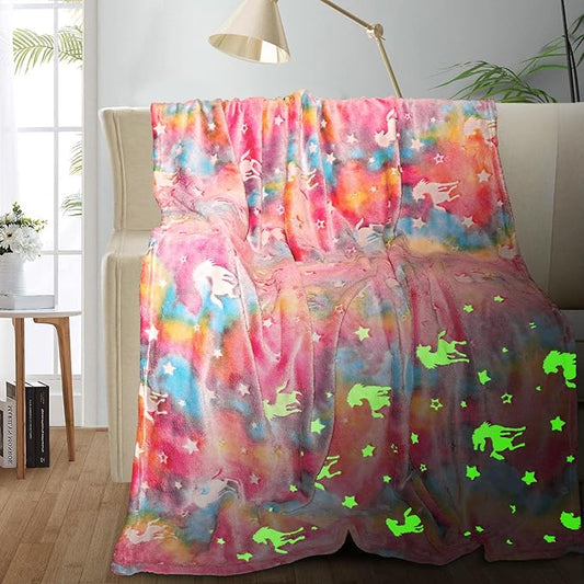 TEHALK Unicorn Glow in The Dark Blanket for Girls/Kids, 60% Polyester/40% Flannel, 40"x60", Pink, Cartoon Unicorn with Star