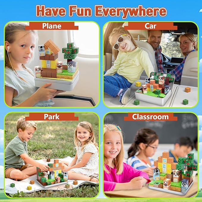 70PCS Magnetic Blocks Travel Toys for Kids with Iron Box, Mini Building Blocks for Boys Girls Ages 3 4 5 6 7 8, Portable Magnet Cubes STEM Travel Essential Toys for Toddlers Christmas Birthday Gifts