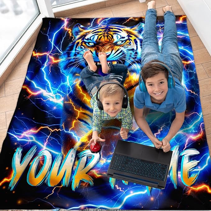 Personalized Blanket for Boys Men, Tiger Throw Blankets for Kids Adults Son Tiger Lovers 60x80 Inches Lightweight Cozy Custom Throw for Sofa Couch Bed Living Room Office Trip