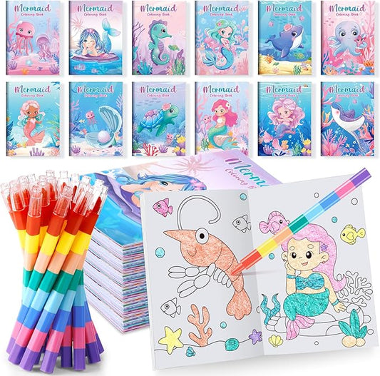 BenLouis 12 Mermaid Mini Coloring Books Kids with 12 Stacking Crayons Little Mermaid Theme Party Favors Small Activity Books Bulk for Kids Ocean Birthday Party Gift Goodie Bag Stuffers