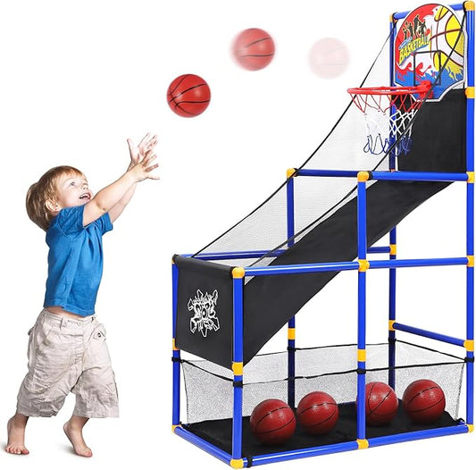 AOKESI Arcade Basketball Game Set for Kids, Toddler Basketball Hoop with 4 Balls Indoor and Outdoor Sports Toys Gifts for Boys Girls Aged 3-4 5-6 7-12 Years Old Adjustable Height Stand