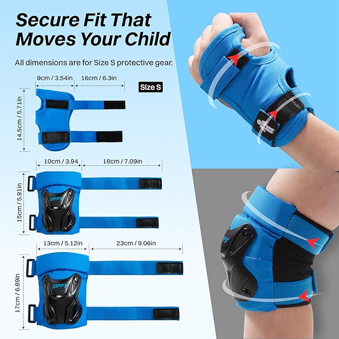 ZIFFY Knee Pads for Kids, Adjustable Knee and Elbow Pads Set with Wrist Guard, Protective Gear for Boys Girls Skateboard Roller Skating Cycling Bike – 2 Sizes, 4 Colors by Jova
