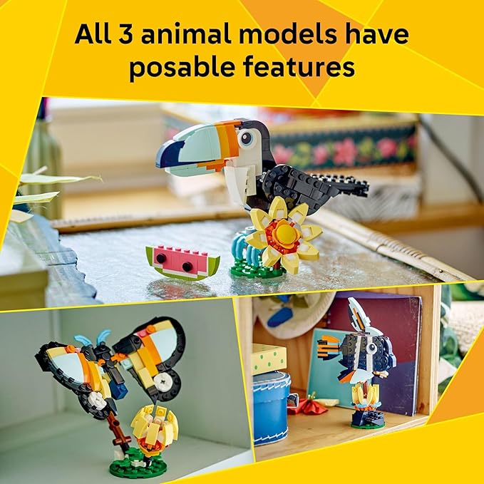 LEGO Creator 3 in 1 Wild Animals: Tropical Toucan Building Toy for Kids- Jungle Building Blocks & Learning Toy for Girls & Boys, Ages 7+ - Build 3 Animal Toys in 1 Set - Gift for Birthdays - 31173
