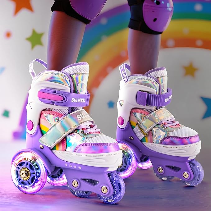 SULIFEEL Rainbow Unicorn 4 Size Adjustable Light up Roller Skates for Girls Boys for Kids