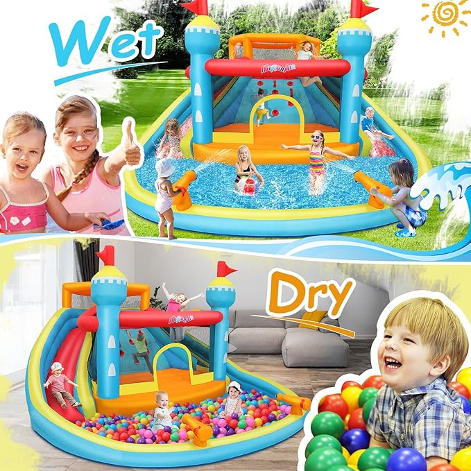 AKEYDIY Bounce House Water Slide with Double Slide,Splashing Pool, Double Water Cannon,Climbing Wall, Giant Water Park W/Heavy Duty GFCI Blower,Inflatable Water Slides Park for Kids Backyard Summer