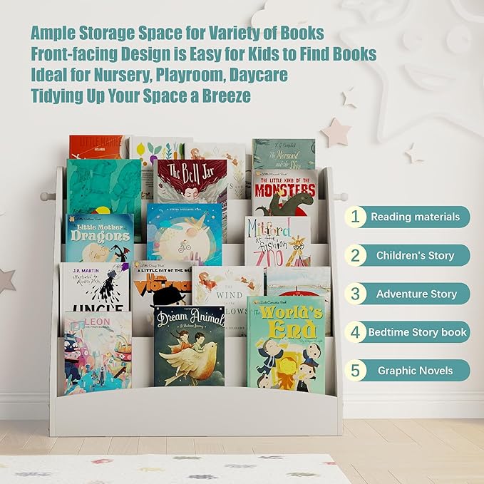 5-Tier Kids Bookshelf Montessori Toddler Book Rack Baby Bookcase Floor Front Facing Magazine Display Shelf for Bedroom Playroom Nursery Classroom Kindergarten Wood (White)