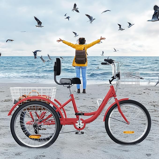 YITAHOME 24 & 26 Inch Adult Tricycle, 1 & 7 Speed 3 Wheel Bikes, Large Seat with Backrest Trike for Adults with Front & Rear Baskets, Cruiser Bike for Seniors Women Men Commute Picnic Outdoor