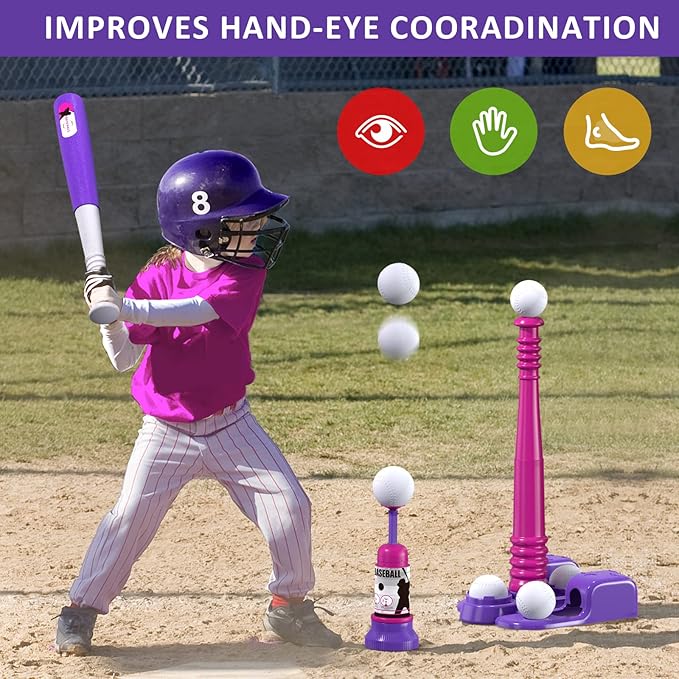 QDRAGON 2 in 1 T Ball Sets for Kids 3-5 5-8, Tee Ball Set with Automatic Pitching Machine/Adjustable Batting Bat & Stand/6 Balls, Baseball Toys Outdoor Sport for Toddlers Girls, Pink