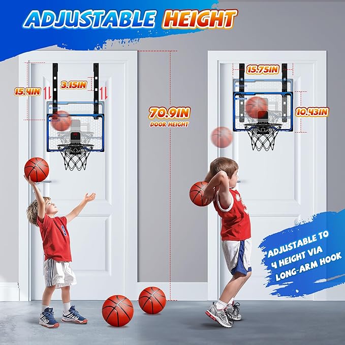 HopeRock Indoor Basketball Hoop Toys for Kids, Adjustable Height Basketball Hoop Over The Door, Mini Hoops with Scoreboard, Basketball Toys Christmas Birthday Gifts for Boys Age 4 5 6 7 8 9 10 11 12+