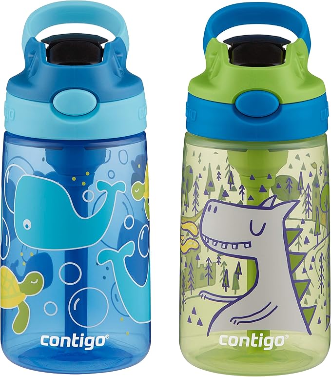 Contigo Aubrey Kids Water Bottle with Silicone Straw and Spill Proof Lid, 14oz, 2-Pack, Whales & Dragon, Blue & Green