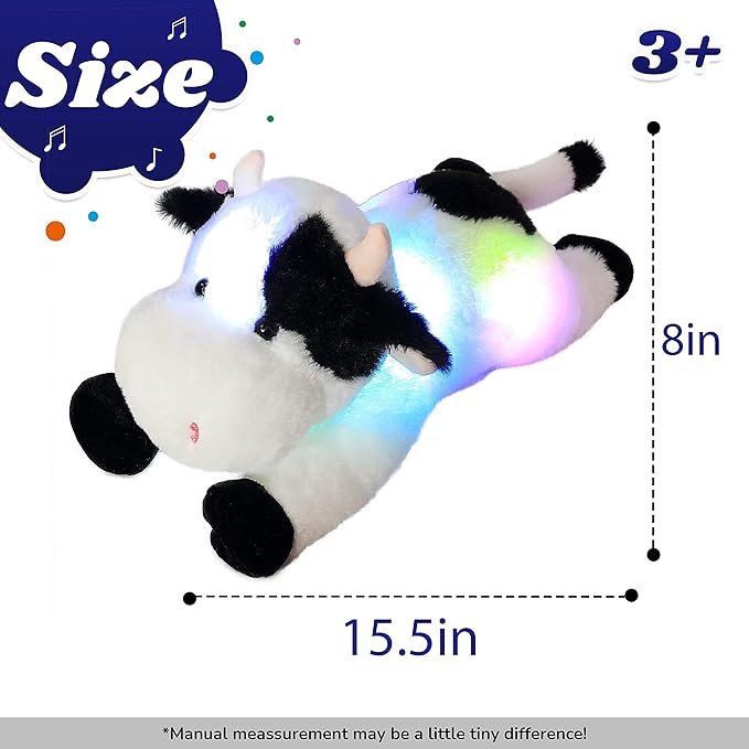 Cuteoy Glowing LED Cow Light-up Nightlight Toys Musical Plush Stuffed Animal Soft Singing Lullabies Birthday Christmas Plushies Gifts for Kids Boys Girls,15.5"
