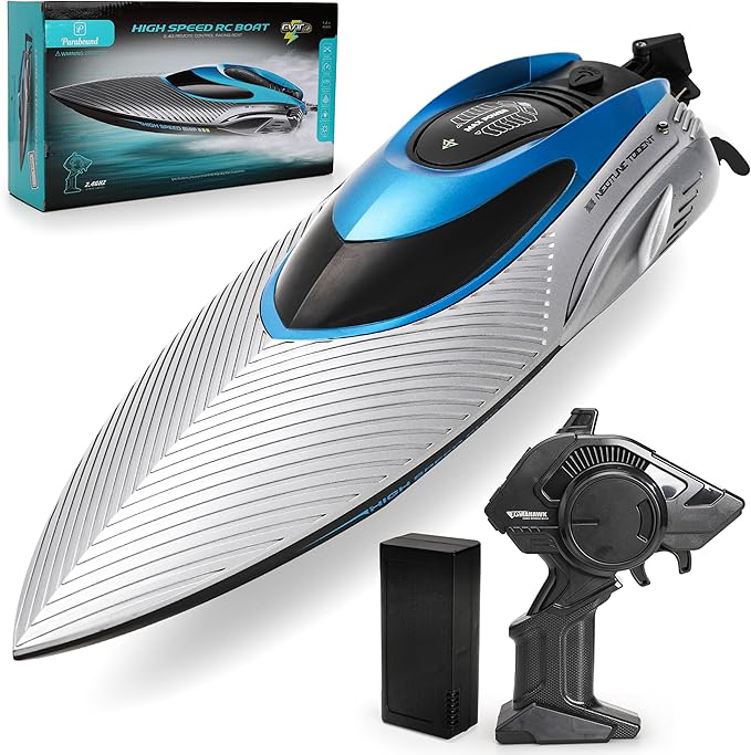 RC Boat for Adults & Kids, Metallic Blue, 2.4GHz Remote Control Racing Boat, 30 MPH, Self-Righting, Waterproof, Long Range, Rechargeable, LED Light, High Speed Electric Toy Boat for Lake, Pool & Pond
