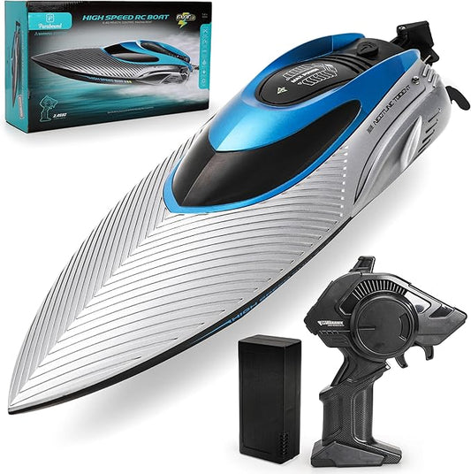 RC Boat for Adults & Kids, Metallic Blue, 2.4GHz Remote Control Racing Boat, 30 MPH, Self-Righting, Waterproof, Long Range, Rechargeable, LED Light, High Speed Electric Toy Boat for Lake, Pool & Pond