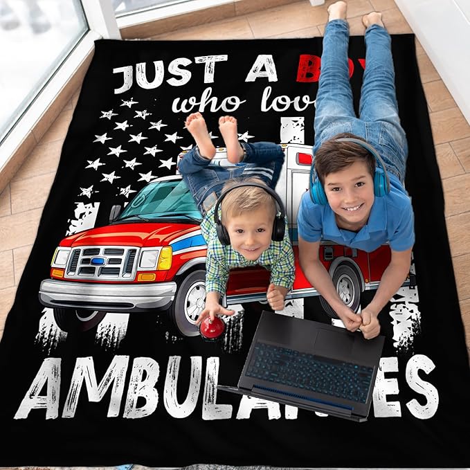 Ambulance Blanket for Boys - 60x80 Inches Cute Throw Blanket Gifts for Kids Truck Lovers - Just a Boys Who Loves Ambulances Blankets for Sofa Couch Bed Travel