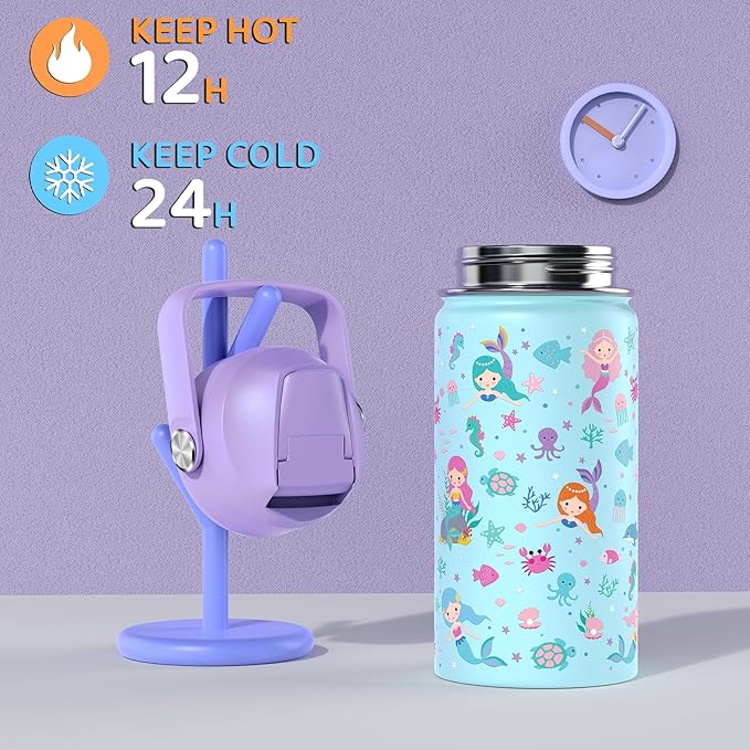 14oz Kids Insulated Water Bottle with Straw Lid - 18/8 Stainless Steel Kid Cup Travel Tumbler Double Wall Vacuum Leak Proof Portable Toddler Water Bottle (Mermaid)