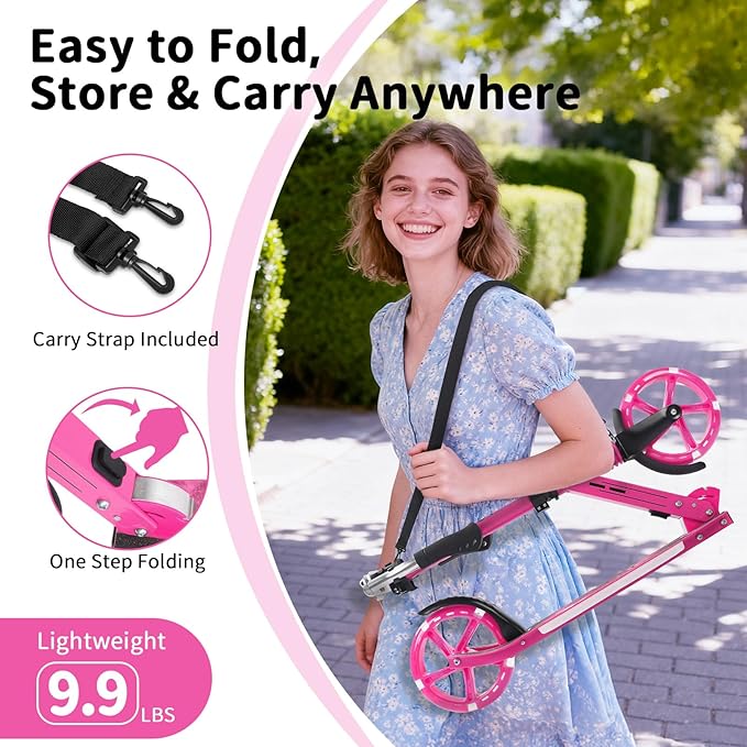 BELEEV V5 Plus Scooters for Kids Ages 6+, Teens with Light-Up Wheels & Deck, 2 Wheel Folding Lightweight Sport Scooter with 4 Adjustable Height, 8-inch Big Wheels, Carry Strap, Max Load 220 lbs