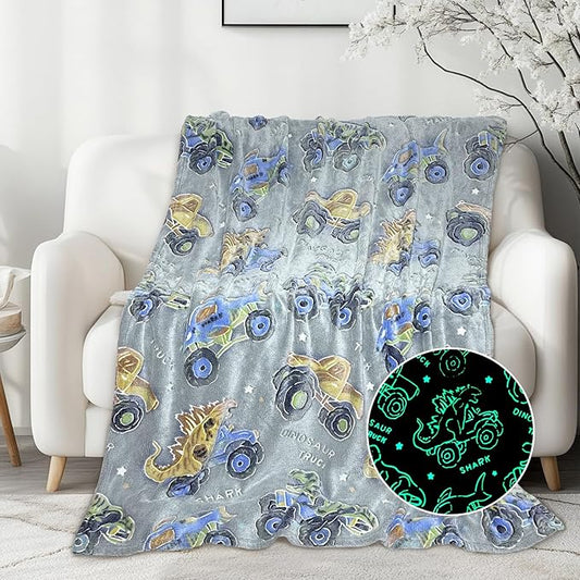 Wesan Dinosaur Glow in The Dark Blanket Boys Dino Toys Kids Shark Truck Toy for Teens Children Birthday Easter Gift Fun Fluffy Plush Throw Gray 50"x60"