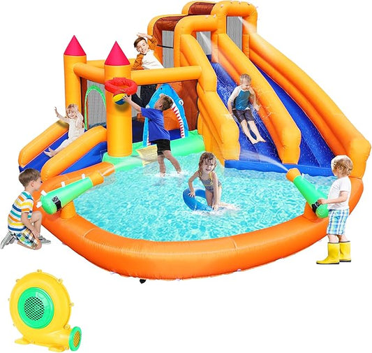 Inflatable Bounce House, Triple Water Slide for Kids with Double Cannon, Climbing Wall, Jumping, Splash Pool, Basketball Hoop for Outdoor Backyard Party, 10 in 1 Giant Castle Included 550W Air Blower