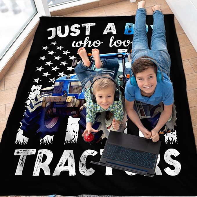 Tractor Blanket for Boys Men, Cute Farm Trucks Throw Blanket Gifts for Kids Adults, 60x80 Inches Black Soft Flannel Car Blankets for Couch Sofa,Tractor Decor for Bedroom