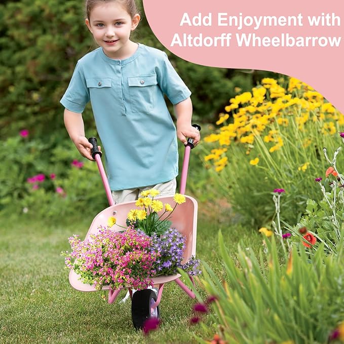 Kids Wheelbarrow Set Metal, Pink Child Wheel Barrel and Kids Gardening Tools Toddler, Garden Toys with Small Wheel Barrow, Outdoor Indoor Toys Gift for Girls