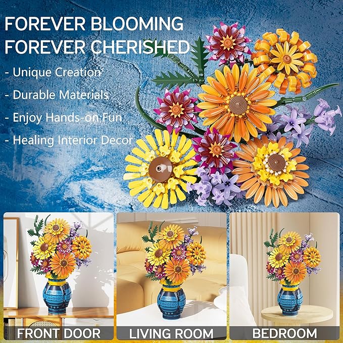 Sunflower Bouquet Building Blocks with Vase Set, 1065 PCS Botanical Collection Christmas Birthday Gifts for Adults Women Men Teen Girls, Artificial Flower Home Decor Gifts for Her Him Mom Wife Grandma