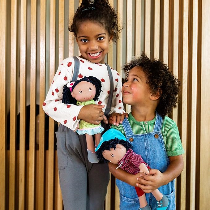 HABA Cari 12" Black Baby Doll with Black Pigtails, Embroidered Face, Removable Green Dress, Machine Washable Soft Baby Doll - 18 Months+