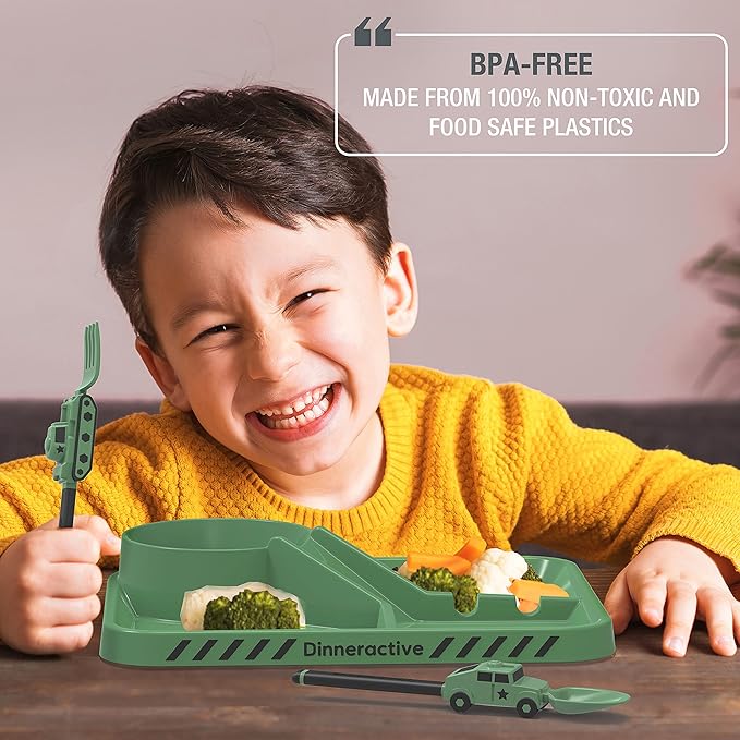 Dinneractive Dining Set For Kids - 3PC Green Army Dinnerware - Army Truck Tank Utensils - Toddler Plates - Baby Dishes