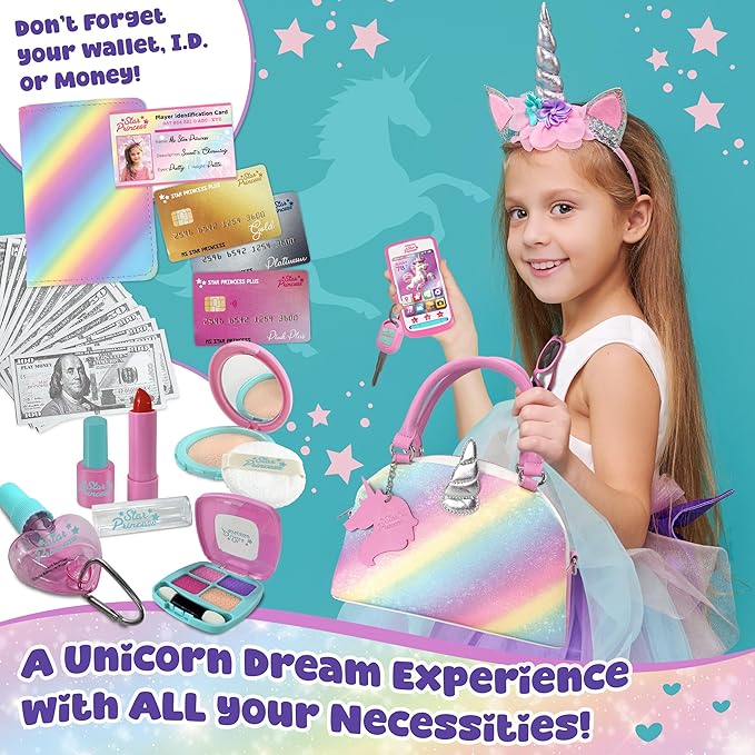 Play Purse for Little Girls and Toddlers - Unicorn Purse Toys for Kids Pretend Play Accessories: Phone, Wallet, Credit Cards, Keys, Pretend Makeup Unicorn Gift for Girl Age 3 4 5 6 7 8 Years and Up
