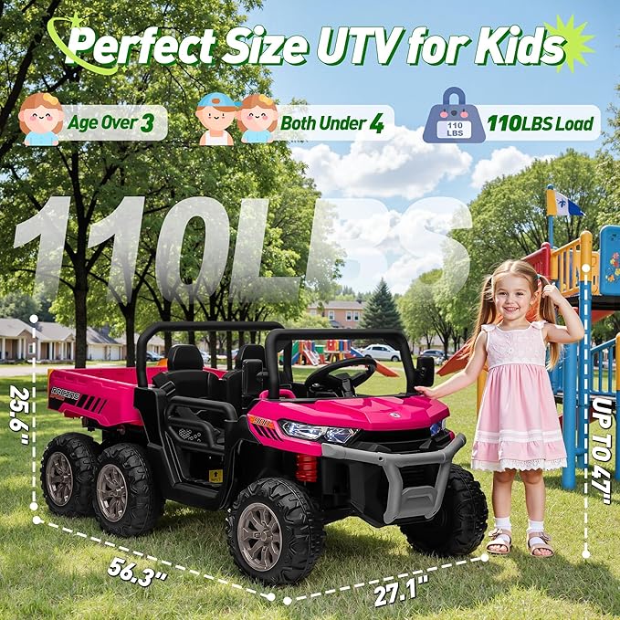 24V XL 2 Seater Ride on Dump Truck, 7AH Battery Powered Golf Cart for Kids w/800W Powerful Motors, Remote Control, Detachable Awning, Dump Bed & Shovel, Electric Kids UTV for Boy Girl, Hot Pink