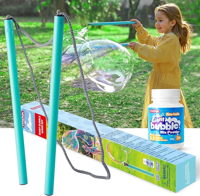 SYNCFUN Giant Bubble Wand Kit (3-Piece Set) with Concentrate Solution-Up to 3.5 Gallons, Big Bubble Wand Set with Mix Powder, Outdoor Toy for Kids, Boys, Girl, Party, Summer