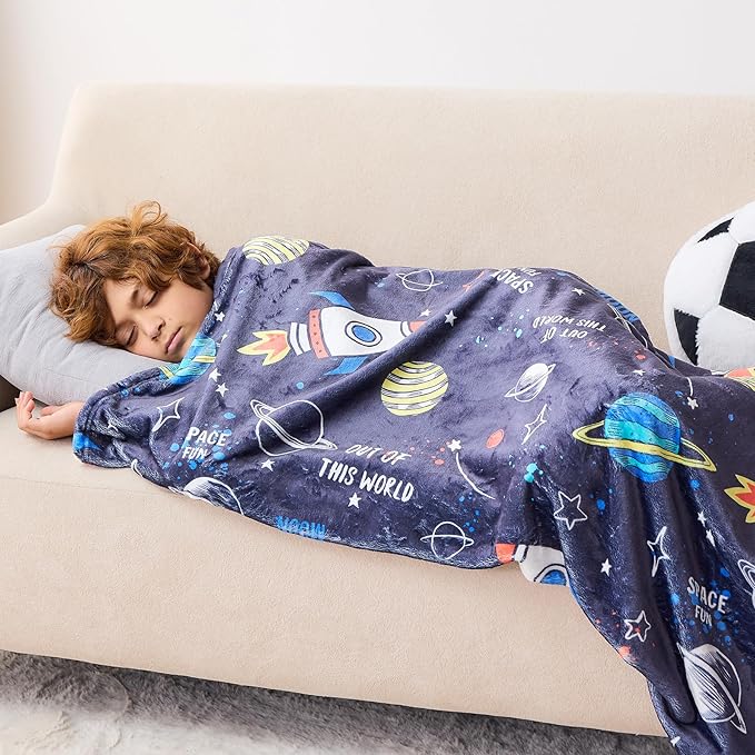 Wajade Toddler Fleece Space Blanket for Boys Kids 3D Rocket Planets Soft Throw Blanket Birthday Christmas Halloween Space Decor for Children 50"x60"