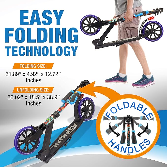 SereneLife Kick Scooter Adult Teenagers Kids- 2 Wheel Kids Scooter with Adjustable T-Bar Handlebar - Alloy Anti-Slip Deck - Portable Folding Scooters for Kids with Carrying Strap