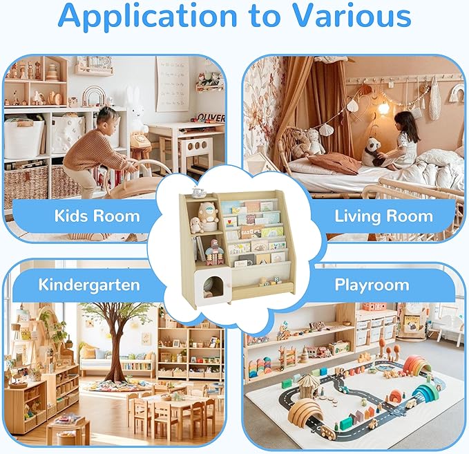 FKWin Kids Bookshelf, Kids Toy Storage Organizer, Baby Storage Book Rack, 4 Tier Kids Wooden Bookshelves, 5 Layer Sling Bookcase for Playroom, Bedroom, Living Room, Kids Room, Nursery, School(Natural)