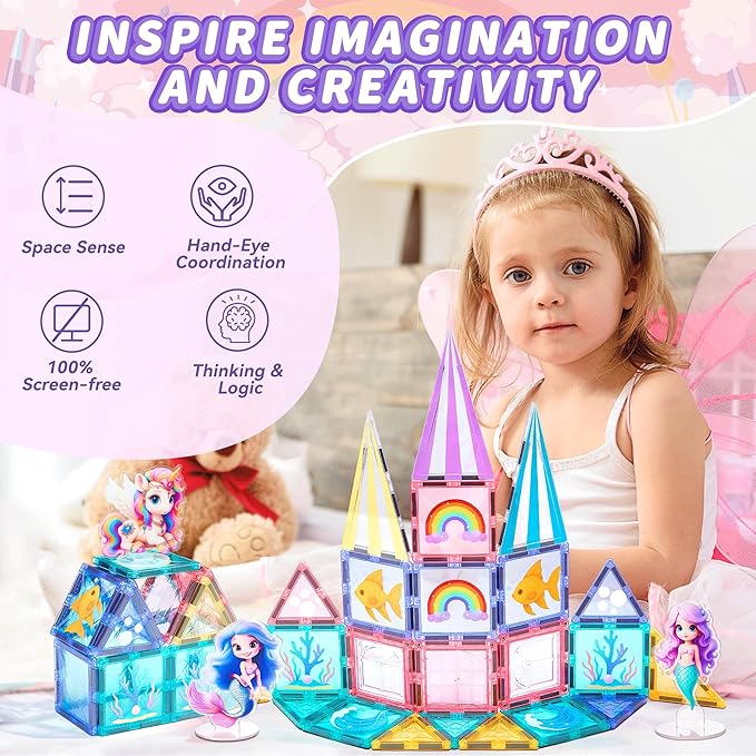 Magnetic Tiles Unicorn Building Toys Set with 4 Dolls, Princess Magnetic Blocks for Kids Ages 3-5 4-8, STEM Educational Sensory Magnet Toys Birthday Gifts for Toddlers Girls Boys