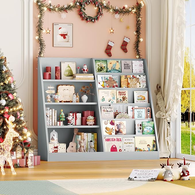 6 Tier Kids Bookshelf and Toy Storage Organizer, Child-Friendly Height & Stable Triangle Design, Toddler Book Shelf for Kids Room, Playroom, Bedroom, Classroom, Nursery, School, Grey
