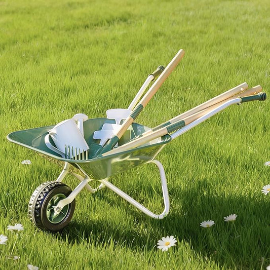 ROBOTIME Kids Wheelbarrow with Gardening Set – Metal Wheelbarrow Toddler Outdoor Play Toy with Garden Tools, Watering Can & Plant Labels, Pretend Play Yard Equipment for Boys and Girls (Green)