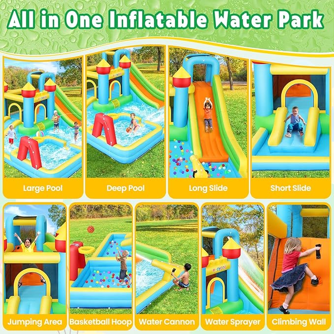 WHUBEFY Bounce House,Inflatable Water Slide Bounce Castle with Blower for Kids 3-12,Outdoor/Indoor Bouncy House Water Park for Backyard with 2 Splash Slides,Climbing Wall,Ball Pit,Jumping Area