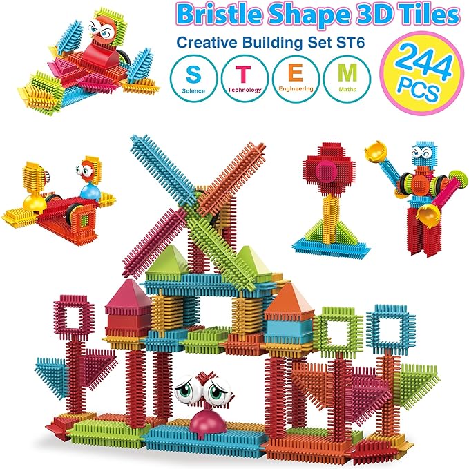 Contixo 244 pcs Bristle Shape 3D STEM Building Toys, Construction Learning Stacking Educational Block, Creativity Beyond Imagination, Inspirational, Safe & Durable, Recreational Toy for Kids Ages 3-8