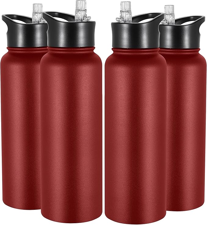 VEGOND 40 oz Insulated Water Bottle Bulk Stainless Steel Metal Water Bottles with Leak Proof Straw Lid & Spout Lid, Wide Mouth Double Walled Vacuum Travel Sports Bottle, Red 4 Pack