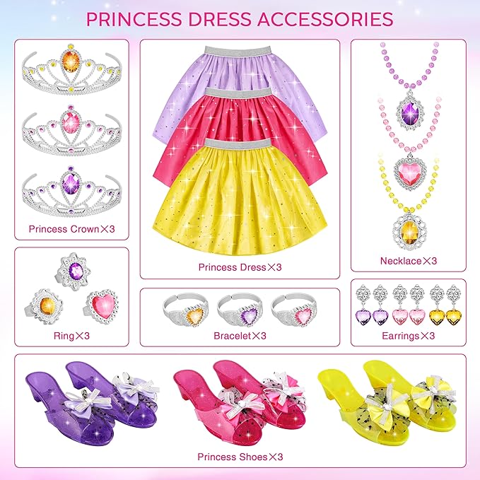 Princess Dress Up Toys & Jewelry Boutique - Costumes Set incl Skirts, Shoes, Crowns, Accessories - Ideal Girls Role Play Gift for 3 4 5 6 Year Toddler Birthday Parties Party Favors