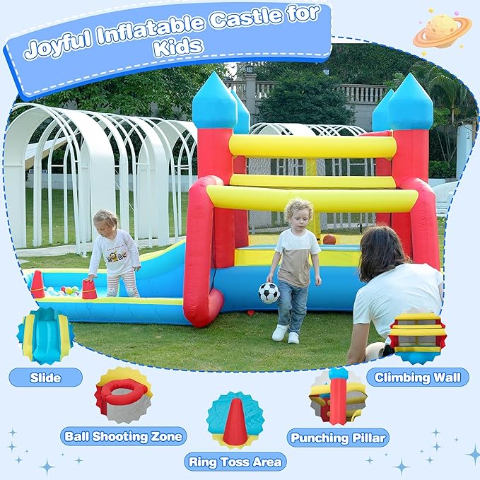 Inflatable Bounce House for Kids 3–6, 6-in-1 Bouncy House with Slide and Blower, Ball Pit, Climbing Wall, Basketball & Soccer Play, Inflatable Castle Gift for Kids Indoor Outdoor Backyard Party Fun