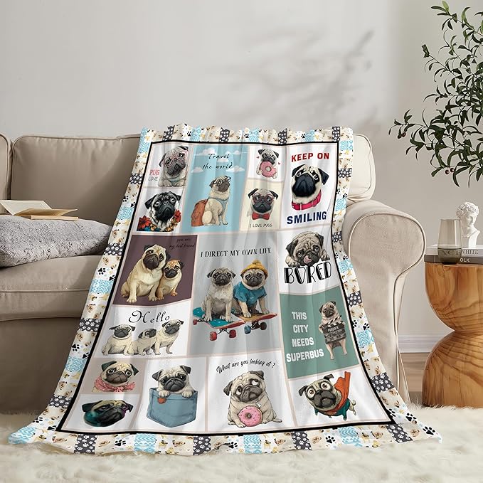 Pug Throw Blanket Pug Puppy Stuff Gifts for Dog Lover Kids Girls Boys Adults Women Men Soft Cozy Warm Plush Fluffy Fuzzy Fleece Blanket Decor 50''X60''