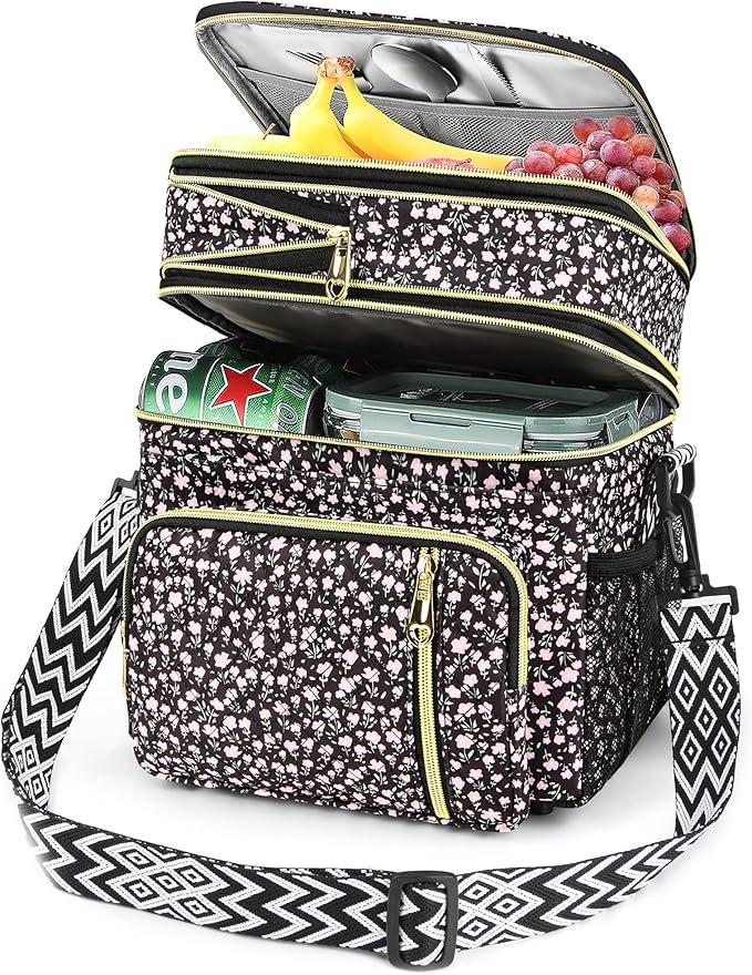 LOKASS Lunch Box for Women-16L-Insulated Lunch Bag Women, Expandable Double-layer Leakproof Cooler Bag with Upgrade Adjustable Shoulder Strap Ideal for Work/Travel/Picnics（Black Flower）