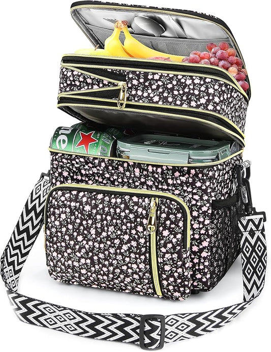LOKASS Lunch Box for Women-16L-Insulated Lunch Bag Women, Expandable Double-layer Leakproof Cooler Bag with Upgrade Adjustable Shoulder Strap Ideal for Work/Travel/Picnics（Black Flower）