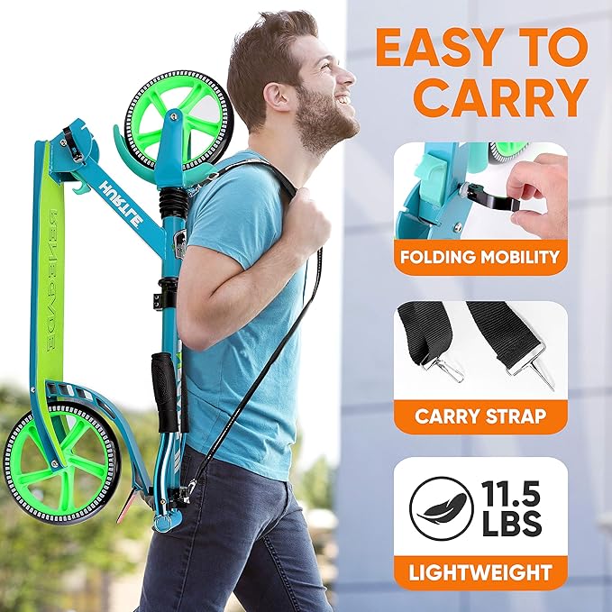 Hurtle Renegade Kick Scooter for Kids, Teenagers & Adults - 2-Wheel Folding Scooter with Adjustable T-Bar Handlebar - Alloy Anti-Slip Deck