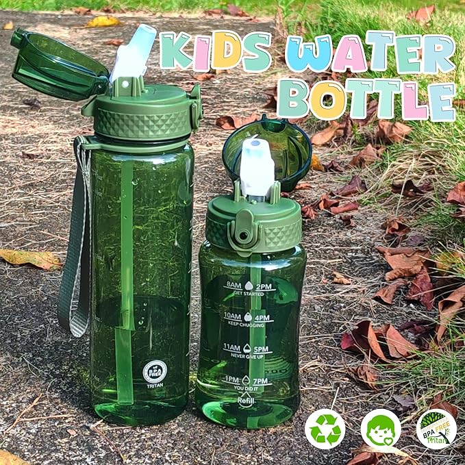 OLDLEY 12oz Kids Water Bottle for School - Motivational With Silicone Straw, Leak-Proof Tritan BPA-Free, Reusable for Girls Boys, Jade