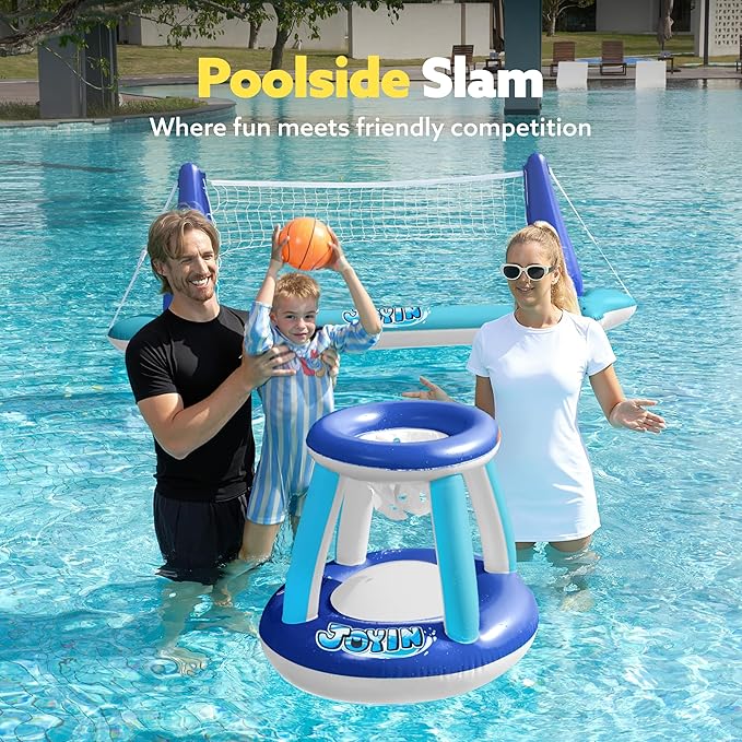 JOYIN Inflatable Volleyball Net & Basketball Hoops Pool Float Set; Balls Included for Kids/Adults, Summing Pool Game, Floating, Summer Floaties, Volleyball Court |Basketball,L-Dark Blue