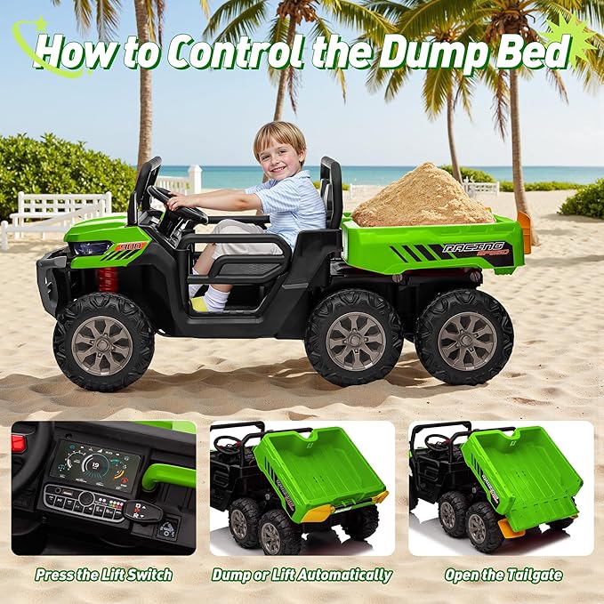 24V Ride on Dump Truck, XL 2 Seater Ride on Cars with Remote Control, 4x200W Powerful Motors, 6-Wheel Suspensions, Electric Dump Bed, Shovel, Kids UTV for Boy Girl,Pure Green