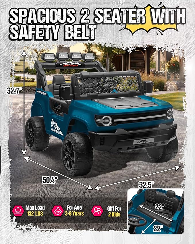 24V Ride on Toys for Big Kids, 2 Seater Electric Car w/22'' Large Seat, Remote Control, Shovel, 4X200W Engines, 4WD/2WD Switchable, Truck Bed Storage, Ride On Truck Toy for Boy Girl, Blue