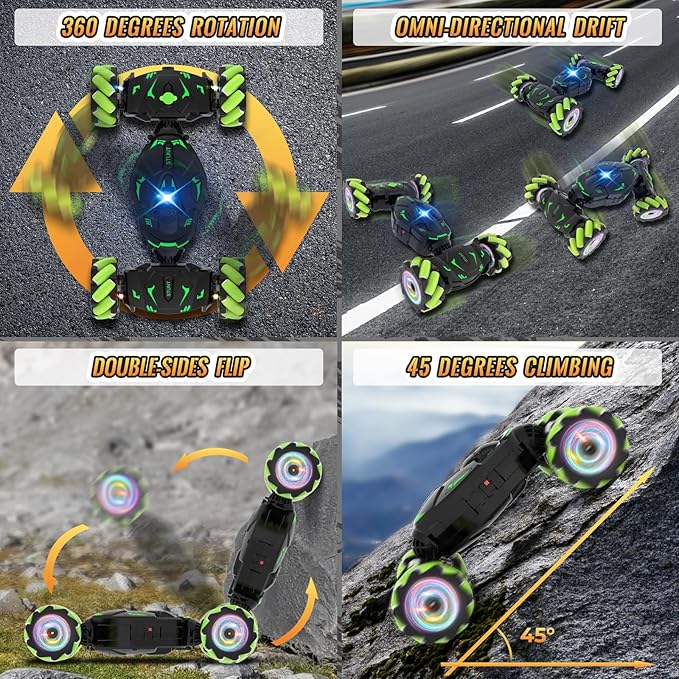 Pristar Gesture RC Toys for Boys 6-12, RC Sensing Stunt Car with Cool Spray Lights Music, Double Sided Flip 360 Rotate 4WD Off-Road